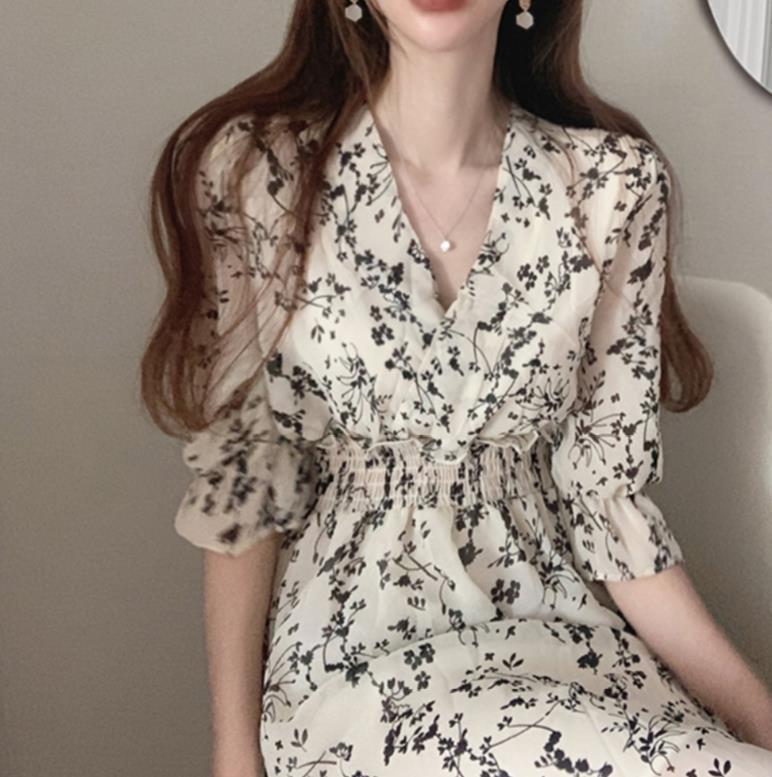 French Retro Mid-length Chiffon Floral Dress