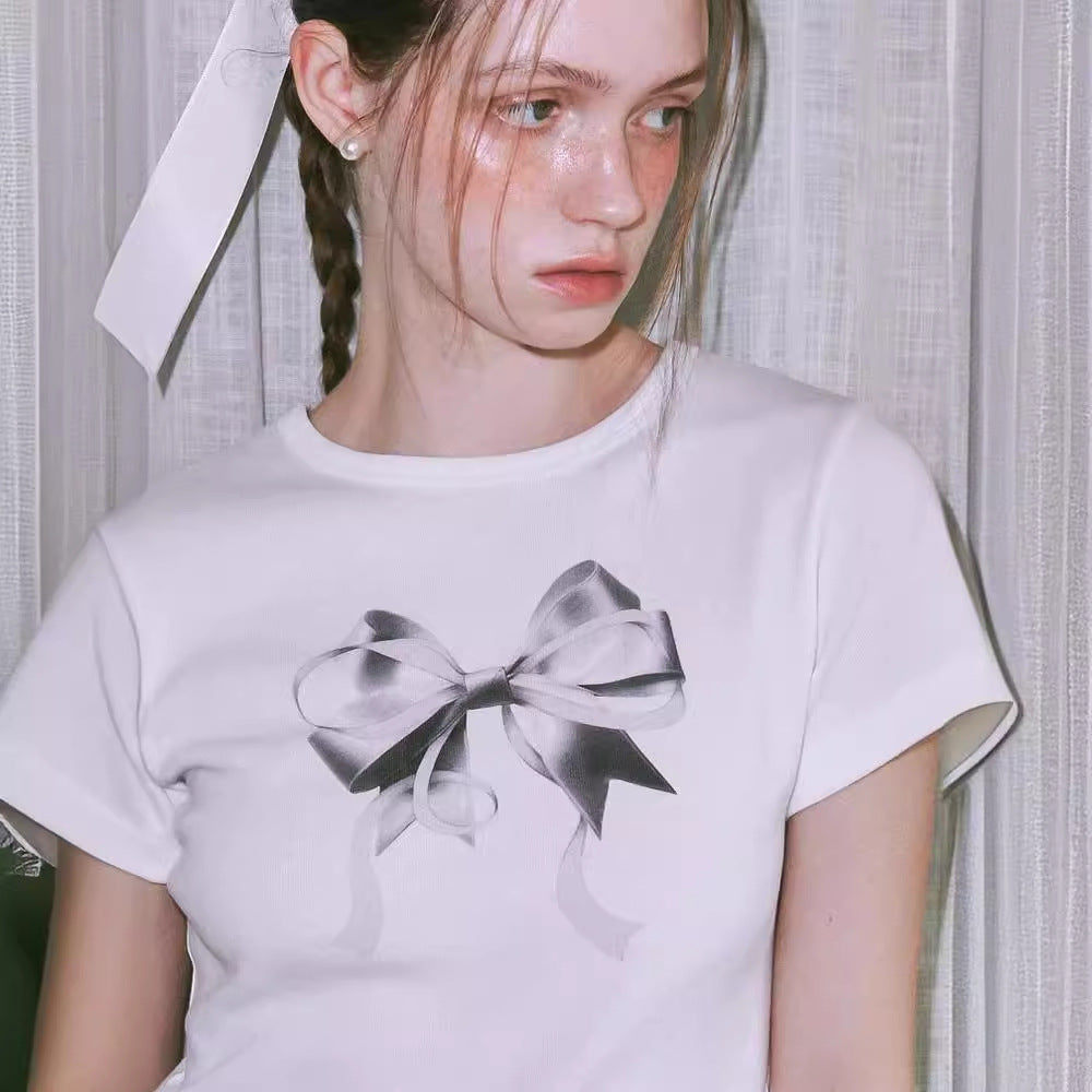 Special-interest Design 23 Summer Hot Girl Bow Round Neck Short Sleeve T-shirt Girl