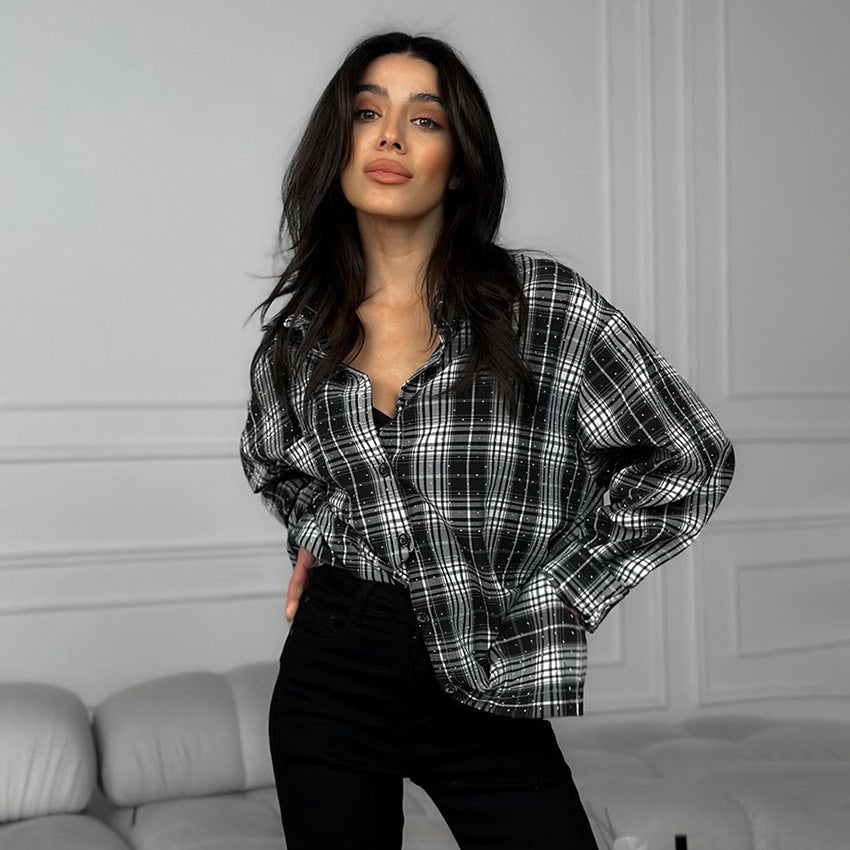 Fashion Stick-on Crystals Loose Plaid Shirt Retro Black And White Plaid Shirt
