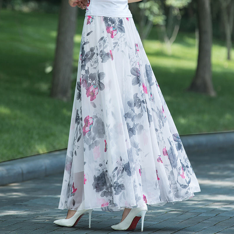 New Summer Chiffon Long Skirt Bohemian Beach Vacation Dress Mid-length Big Hem Skirt