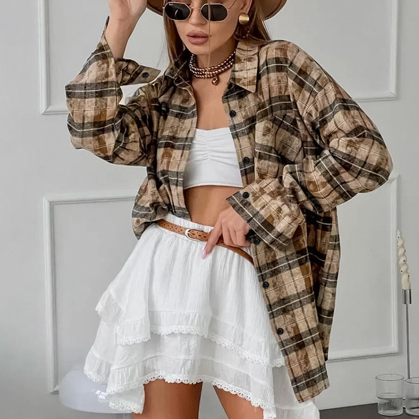 Autumn Waste Soil Style Outer Plaid Shirt Mid-length