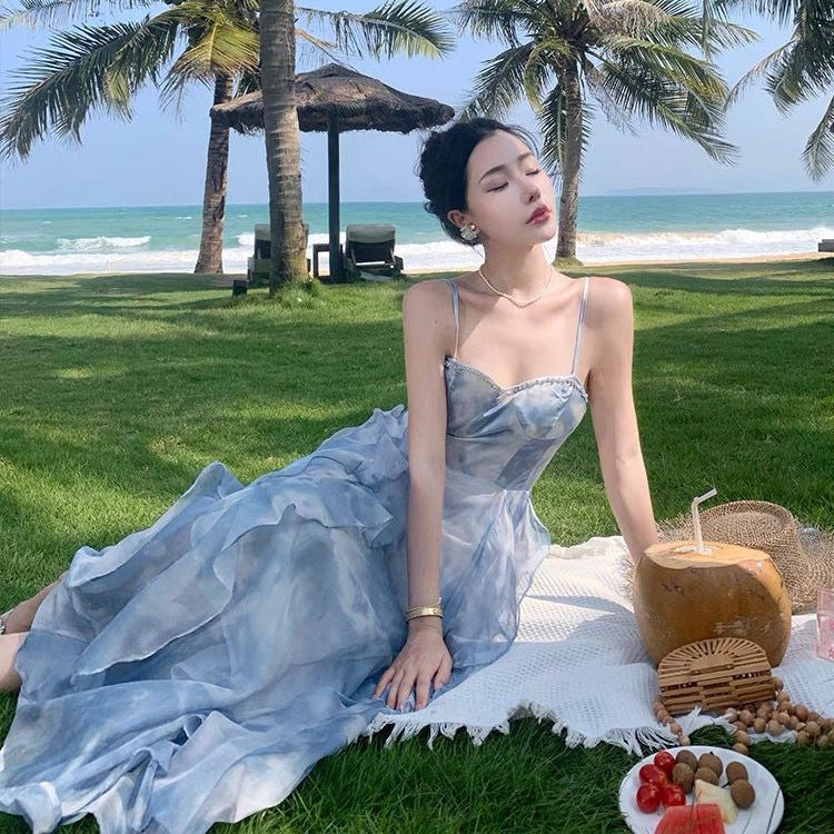 French Blue Strapless Sling Dress Seaside Vacation Draping Effect