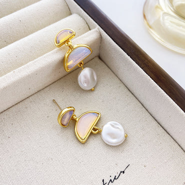 Natural Stone 925 Silver Pin Earrings Multi-layer Semicircle