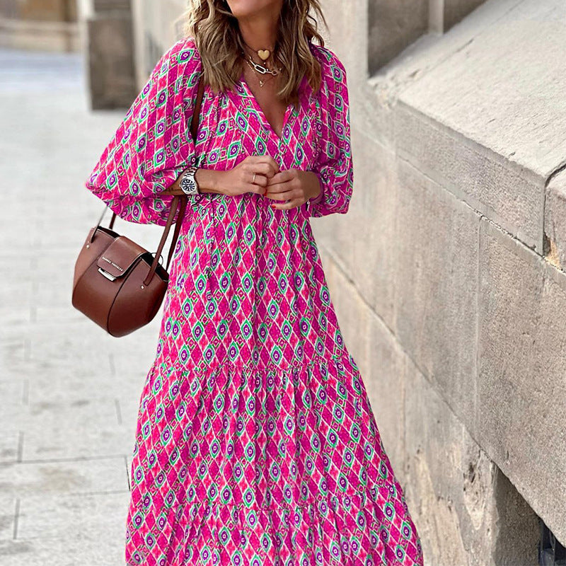 Short-sleeve Mid-length Boho Print Dress