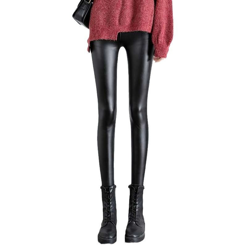 PU Fleece-lined High Waist Slimming Windproof Waterproof Leggings
