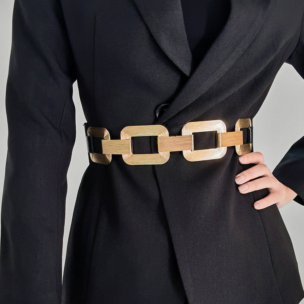 The New Women's Gold Black Wide Belt Decoration Fashion Elastic Metal Waist Cover With Skirt Coat Waist Closed With Fashion Belt