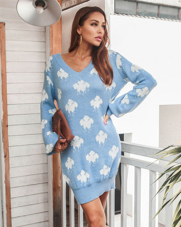 New Autumn And Winter Knitted Lantern Sleeve Dress