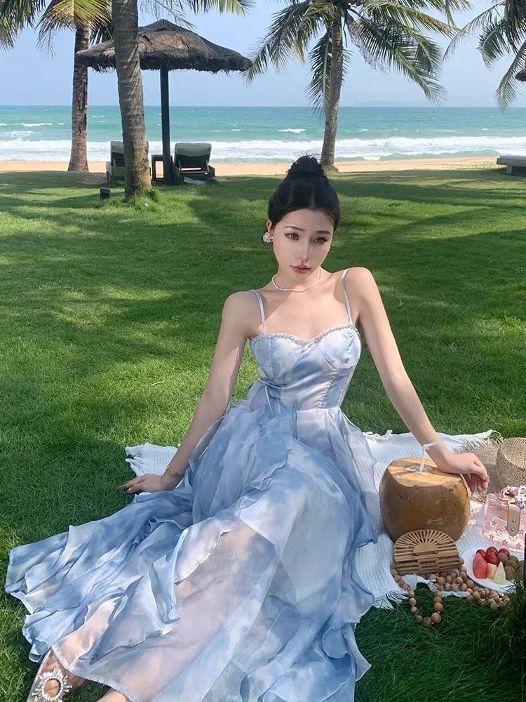 French Blue Strapless Sling Dress Seaside Vacation Draping Effect