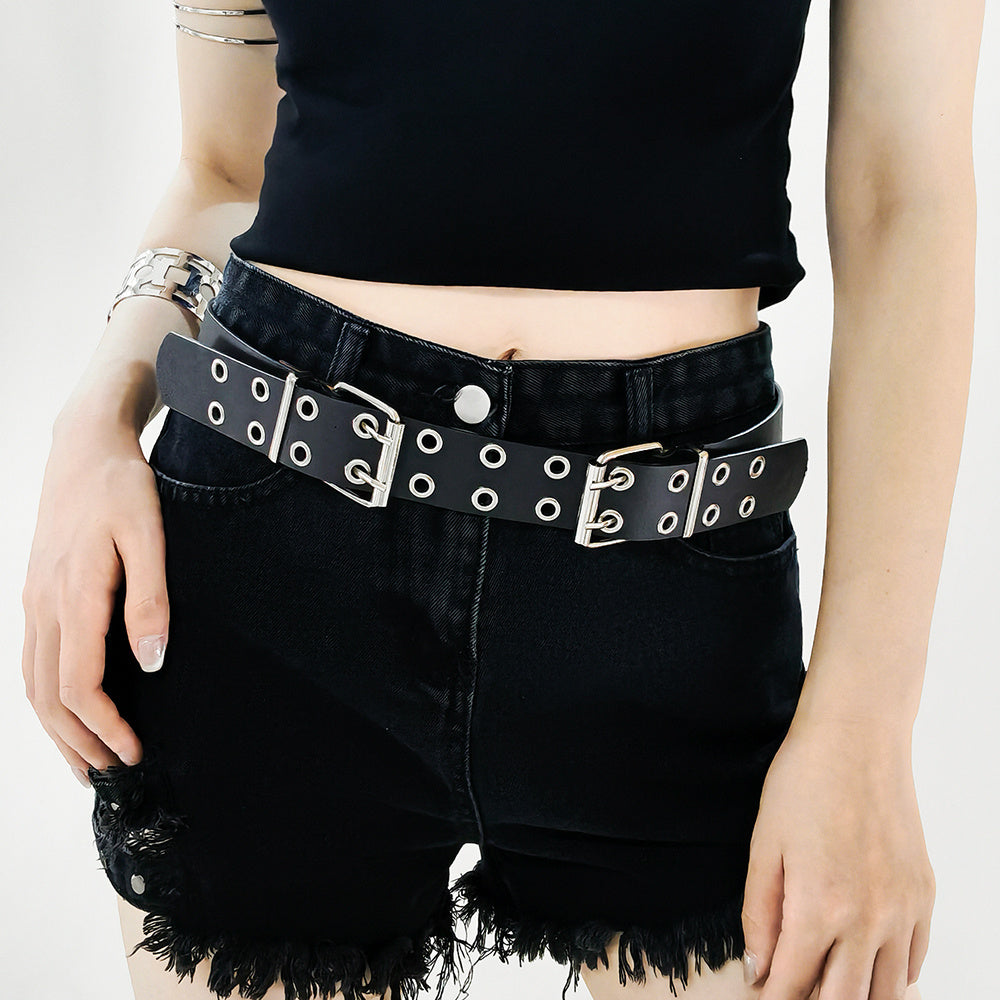 Women's Fashion Double Buckle Casual Belt Hip Hop Punk Hollow Air Belt