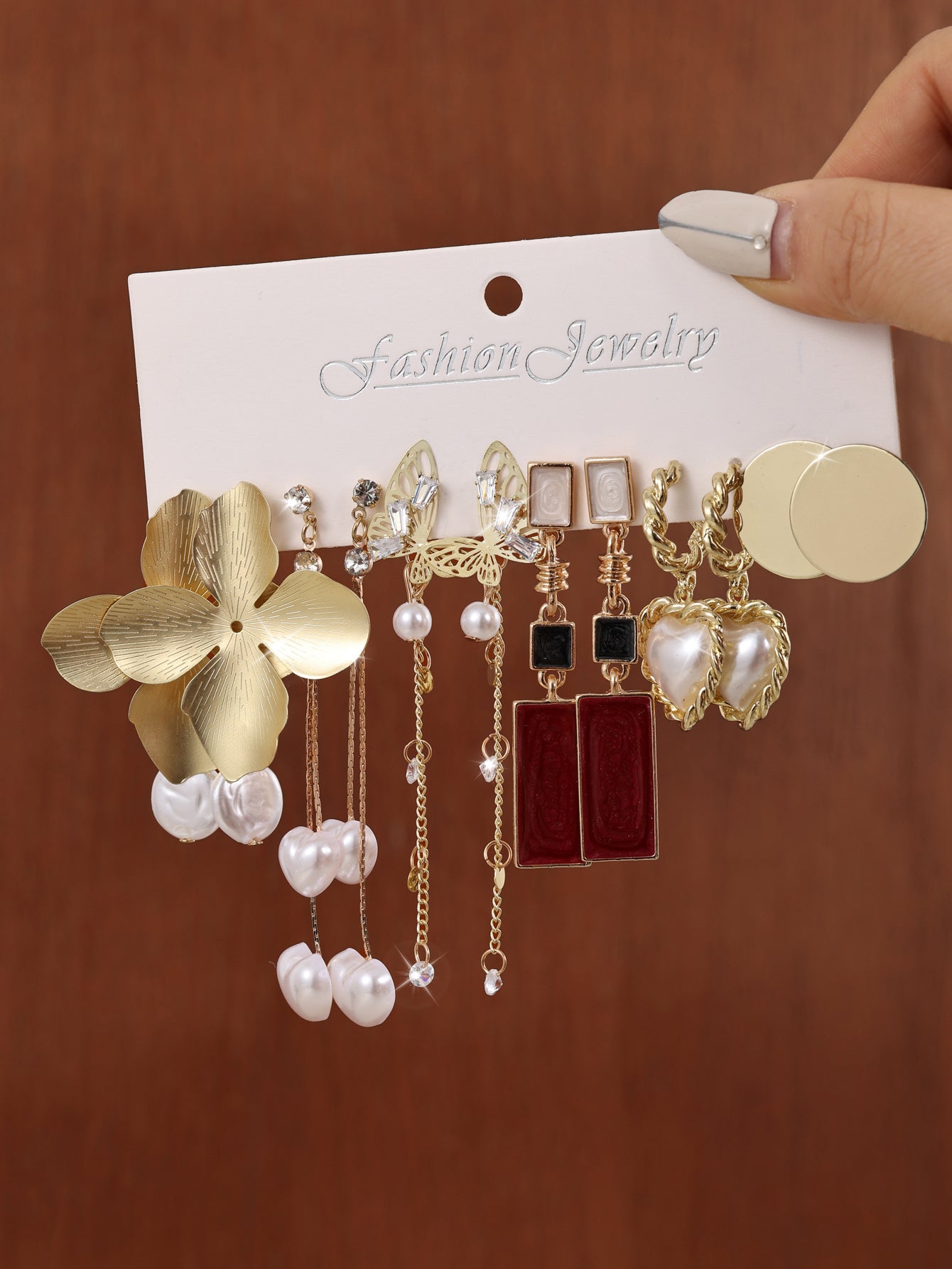 European And American Creative French Pearl Butterfly Flower Earrings Water Drop Pearl Butterfly Chain Earrings 6-piece Set