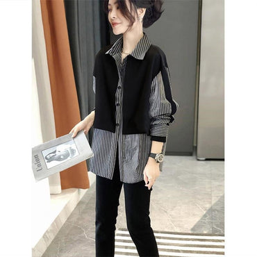 Stitching Stripe Long Sleeves Shirt Women's Loose All-matching