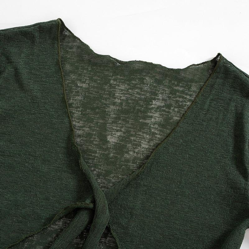 Strap Long-sleeved Wrap Top And Skirt