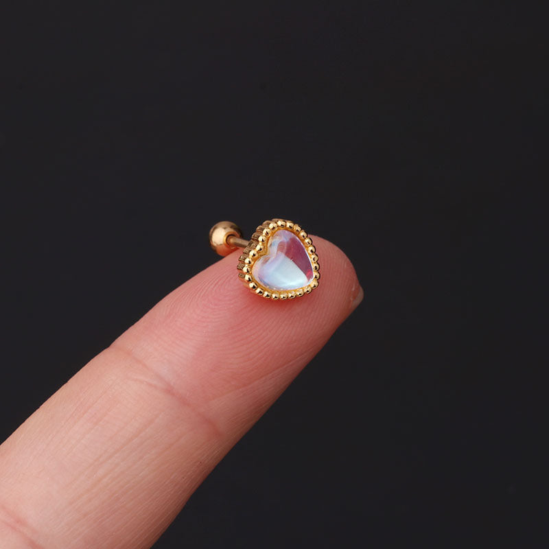 Simple Round Peach Heart Moonstone Ear Bone Stud Stainless Steel