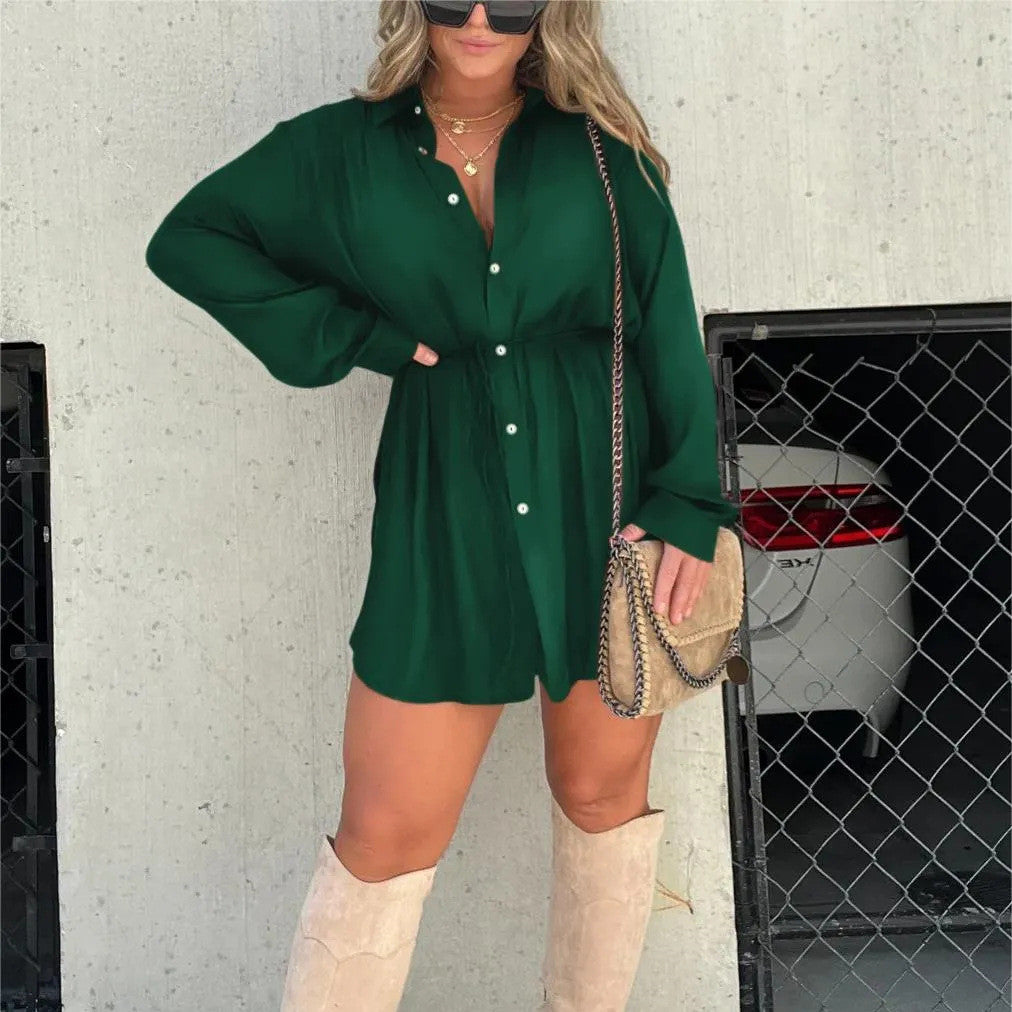 Women's Long Sleeve Jumpsuit With Button Fashion Shirt Dress - Chic Angle