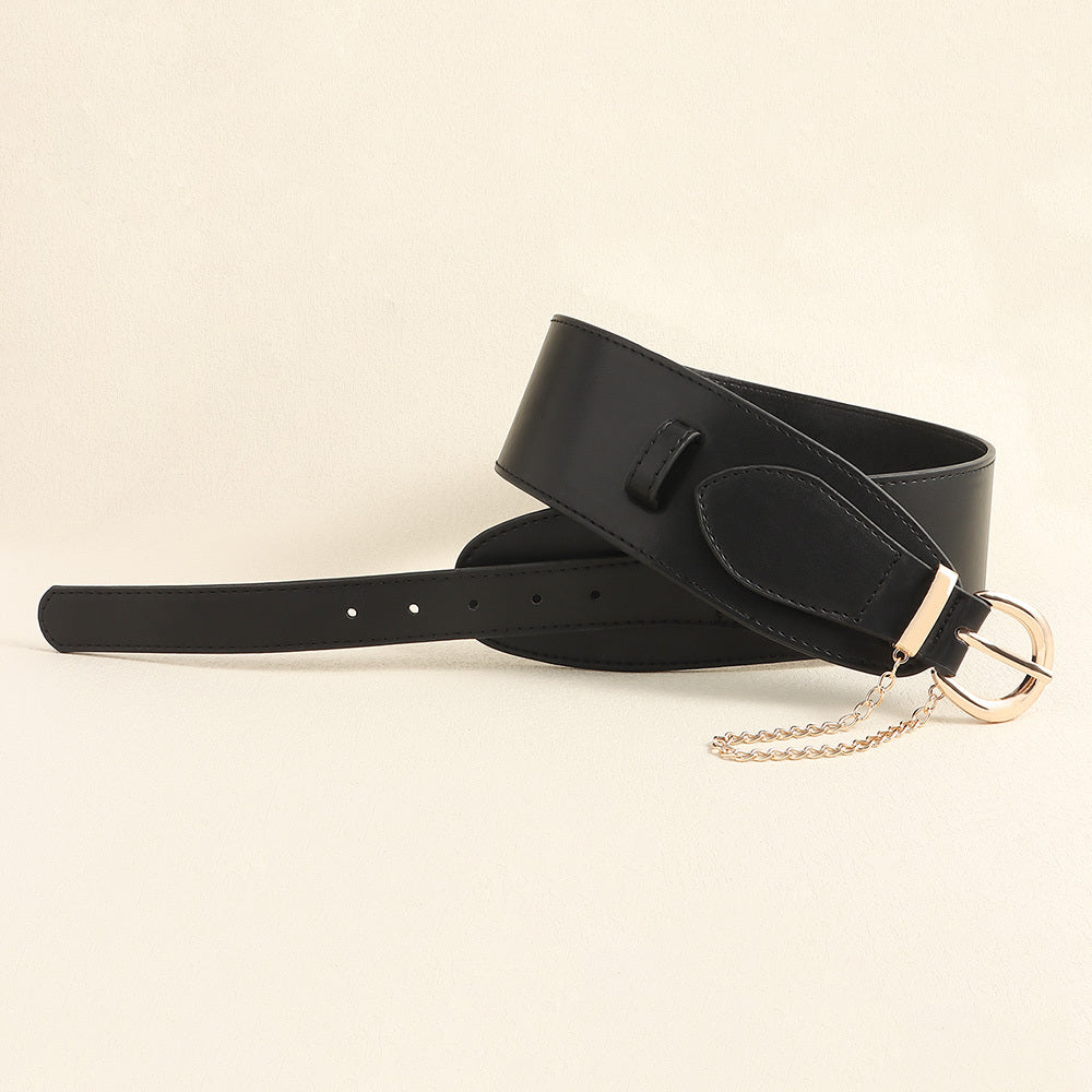 Vintage Women's Belt Black High-grade Metal Chain Pin Buckle Dress Shirt Simple Restraint Waist Wide Waist Seal