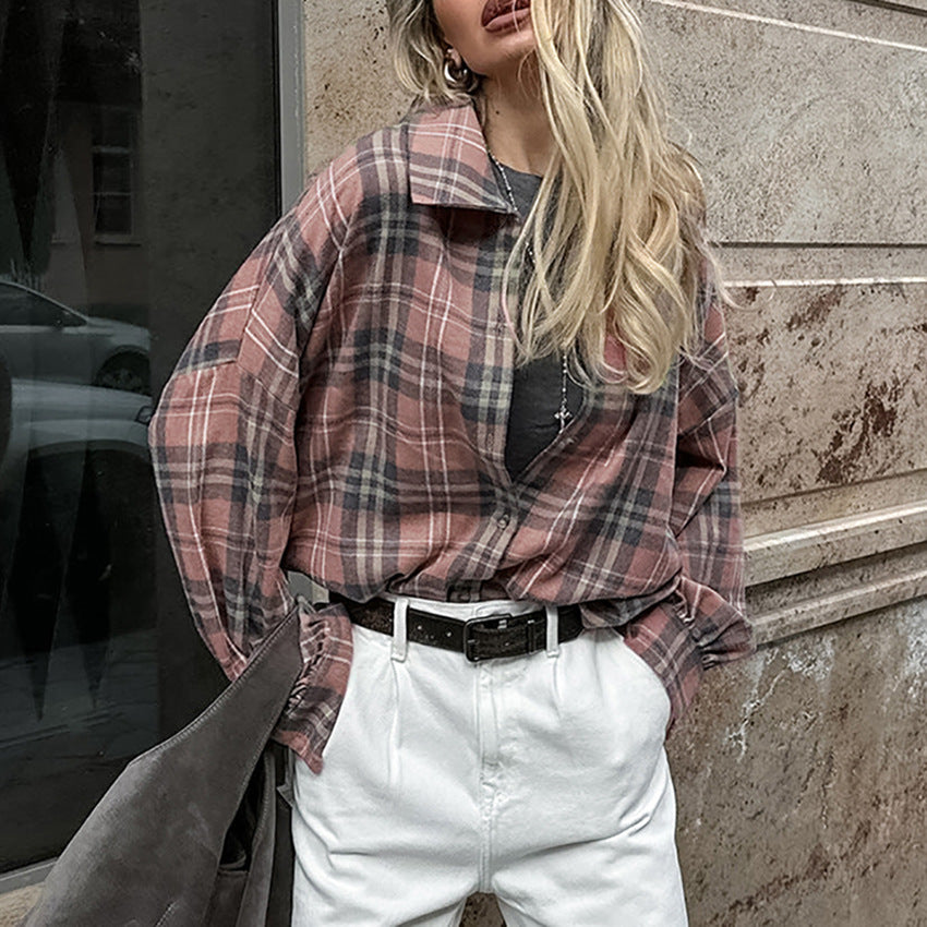 American College Style Plaid Shirt Fashionable Outerwear Cotton