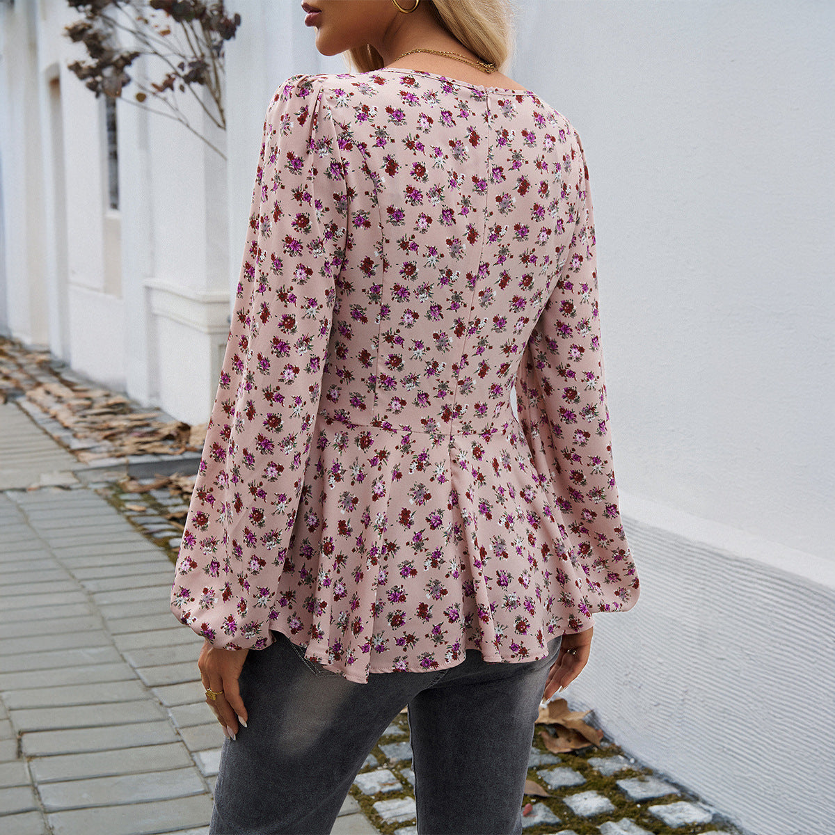 Women's Bubble Sleeve Mori Style Elegant Floral Print Long Sleeve Top