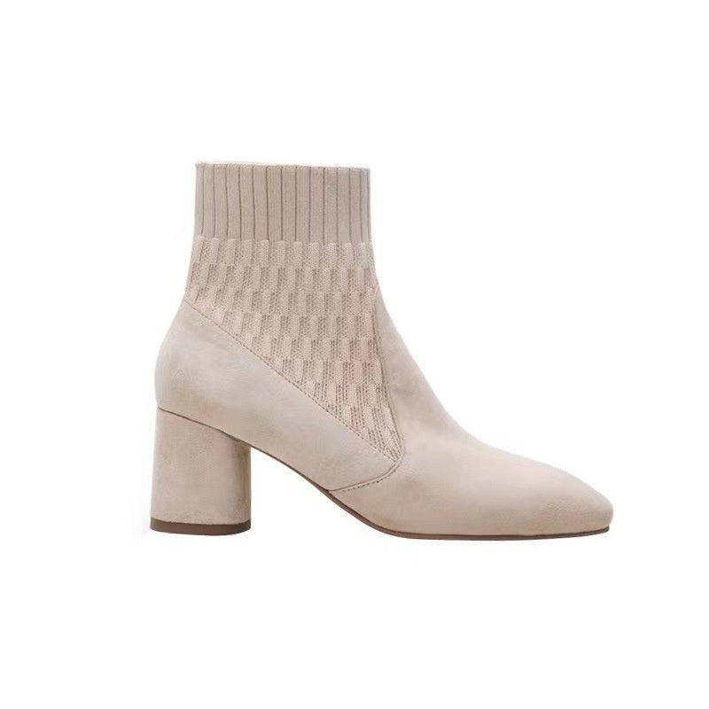 Apricot Stitching Knitted Sock Chunky Heel Ankle Boots