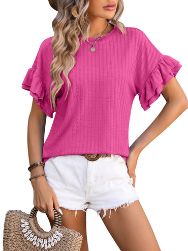 Women's Solid Color Round Neck Ruffled Short Sleeves - Chic Angle