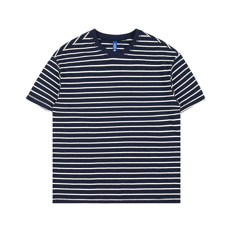 Combed Cotton Contrast Color Striped Loose Short Sleeve