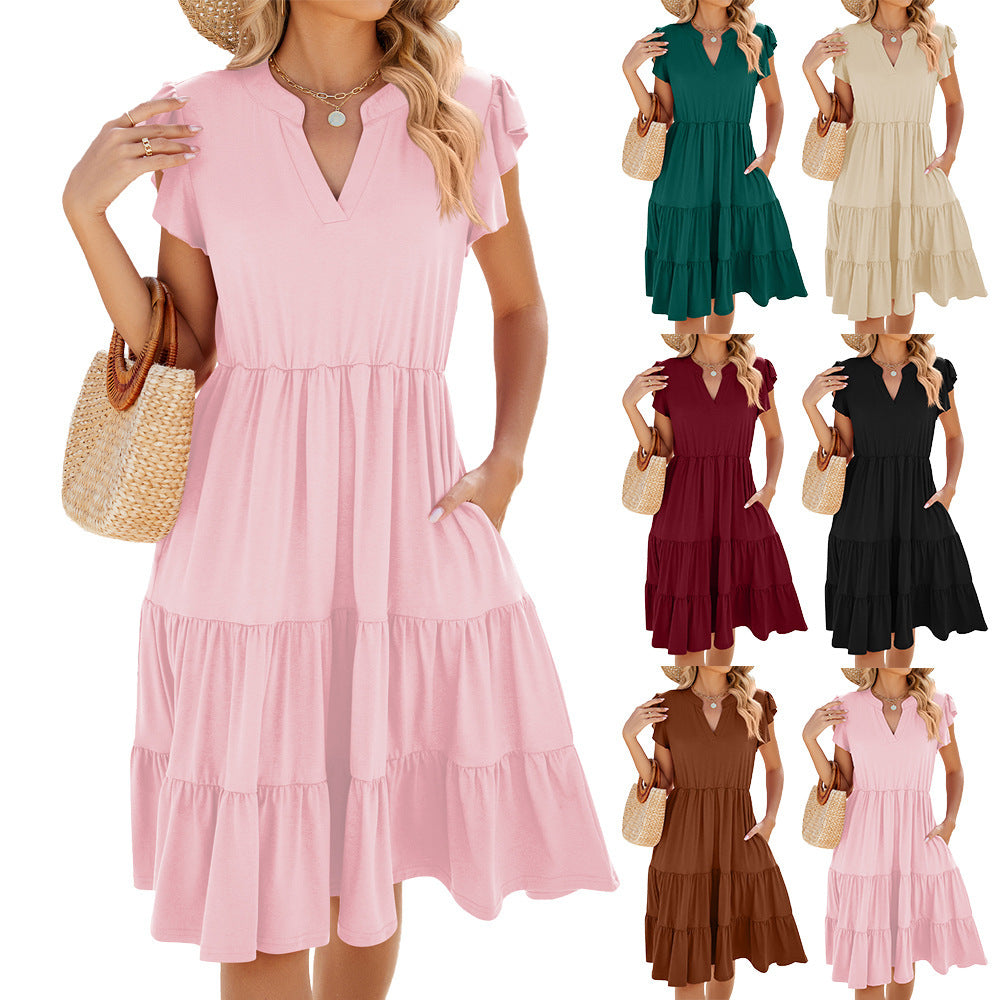 V-neck Loose Short Sleeve Women's Stitching Dress