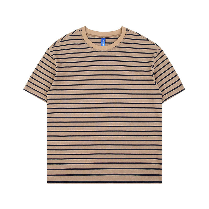 Combed Cotton Contrast Color Striped Loose Short Sleeve