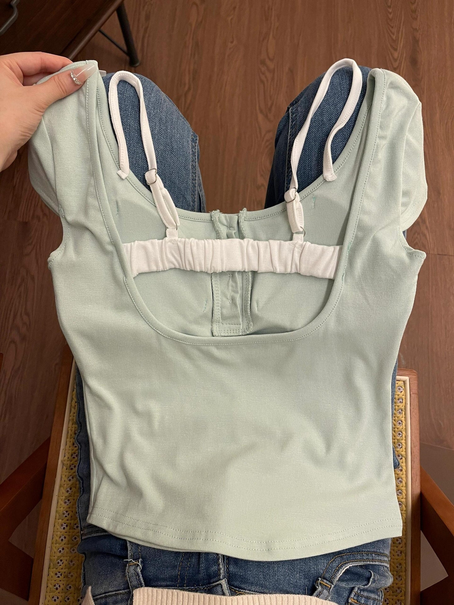 Pure Desire Floral Square Collar Shoulder Short-sleeved T-shirt Women's Summer With Chest Pad - Chic Angle