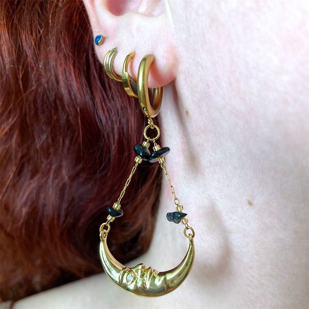 Moon Earrings Pendant Agate Stone Chain