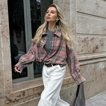 American College Style Plaid Shirt Fashionable Outerwear Cotton