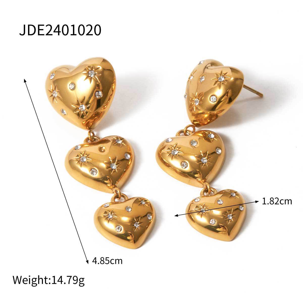 18K Gold Stainless Steel Heart-shaped Pendant Earrings With Diamond