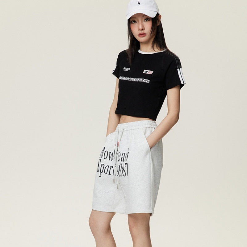 Embroidered Shoulder Short Top For Women High Waist Retro