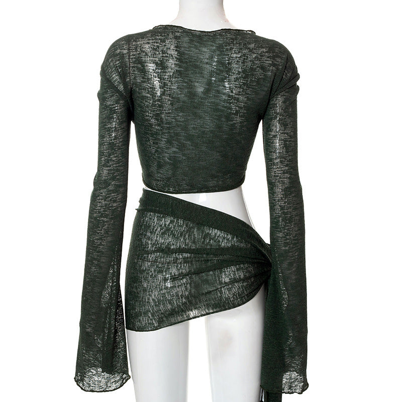 Strap Long-sleeved Wrap Top And Skirt