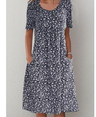 Round Neck Short Sleeve Floral Midi Dress