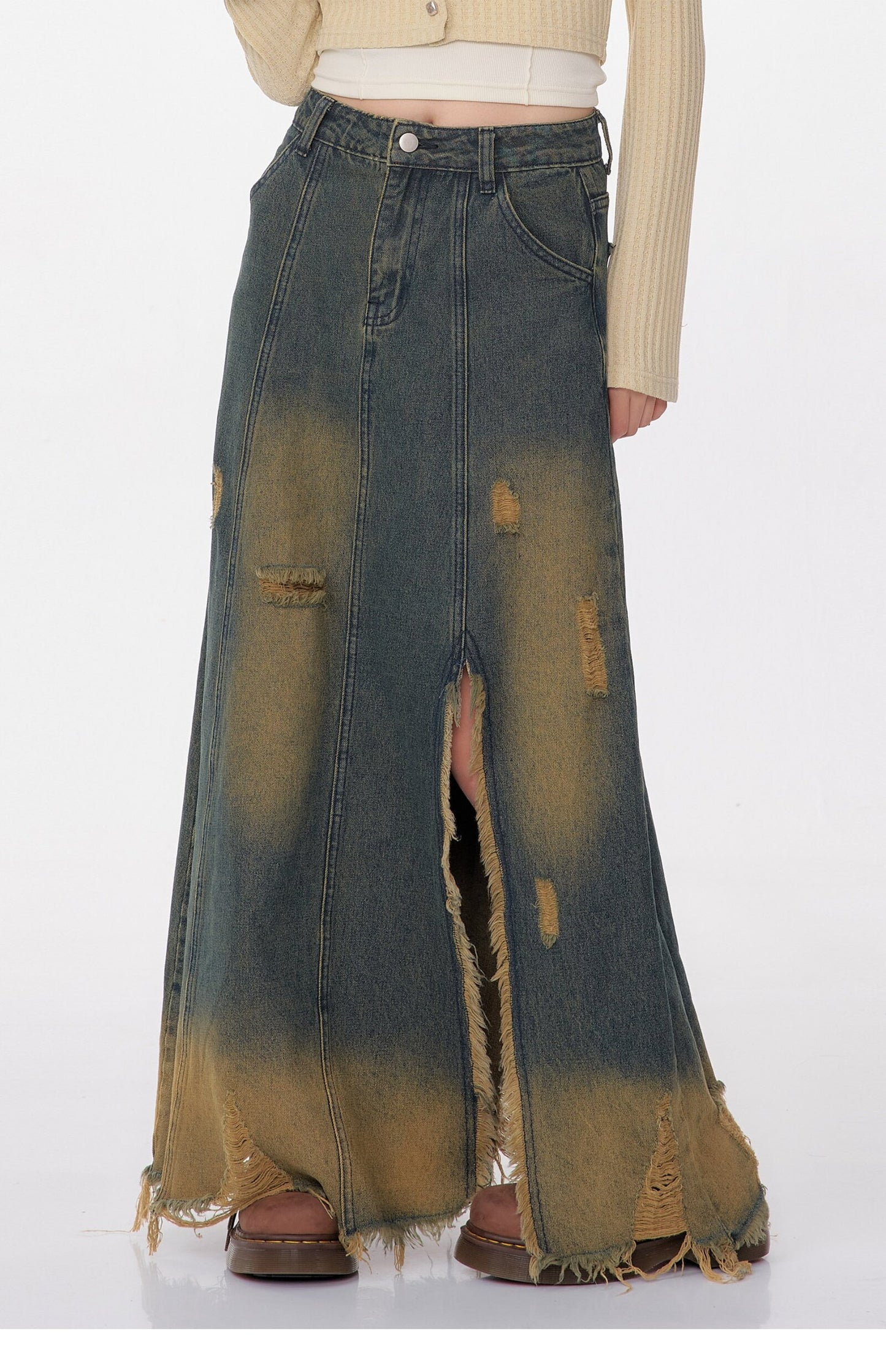 High Waist Mid-length Make Old Ripped Split Denim Skirt
