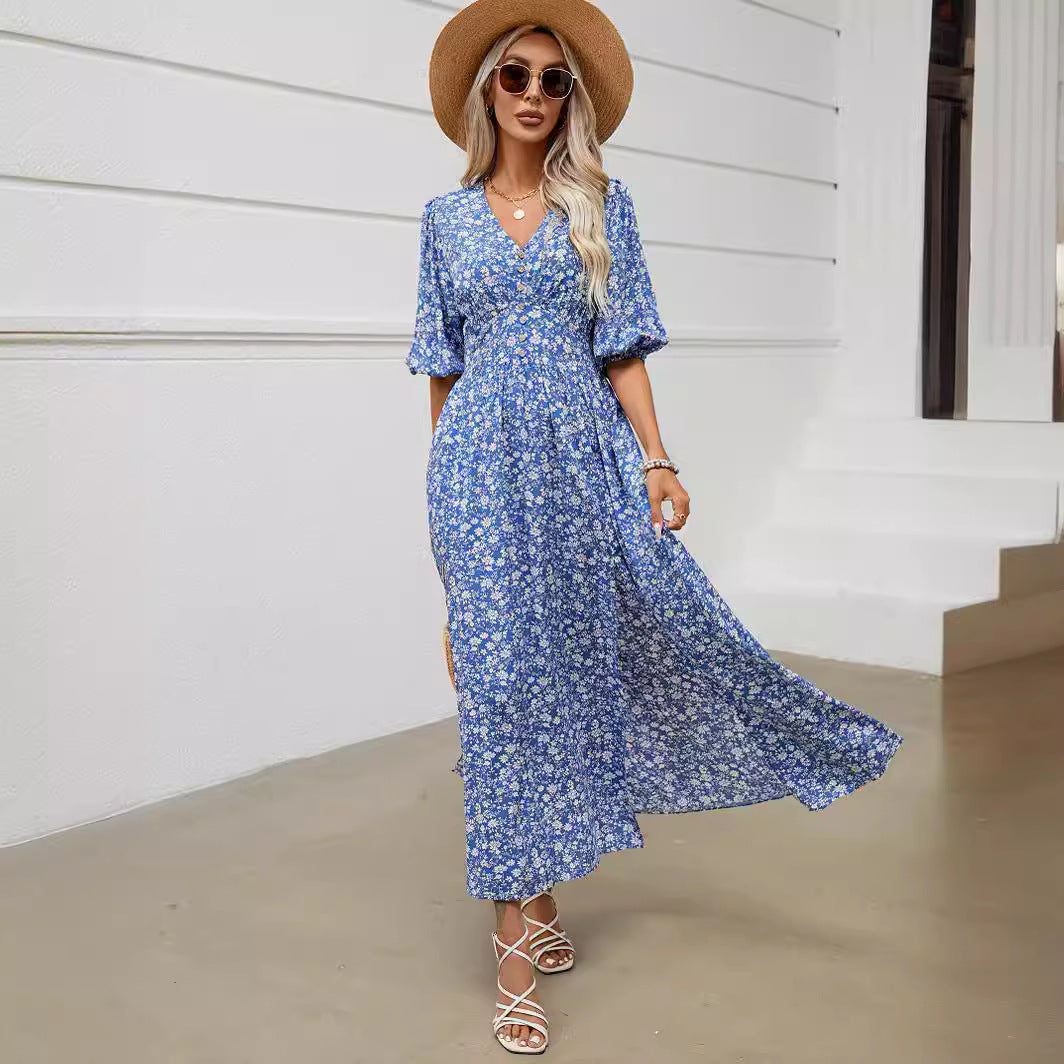 V-neck Lantern Sleeve Waist-tight Dress Seaside Vacation Bohemian Style