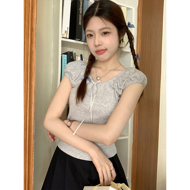 Slim-fit Crop-top Small Floral Flounce Trim Lace Up Short Sleeve