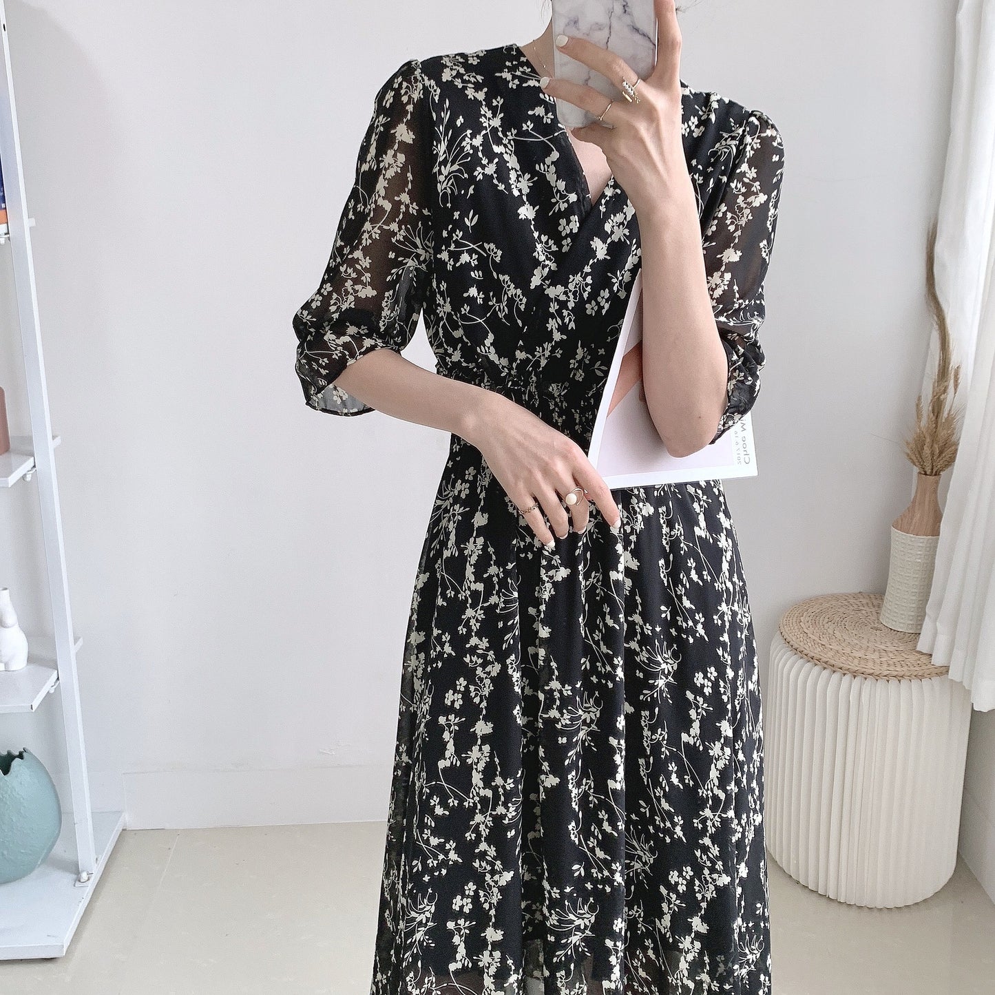 French Retro Mid-length Chiffon Floral Dress