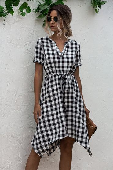 Original Design V-Neck Plaid Irregular Dress