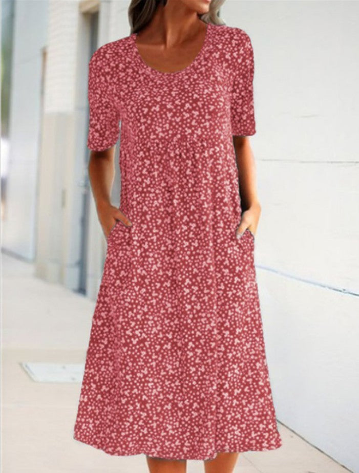 Round Neck Short Sleeve Floral Midi Dress