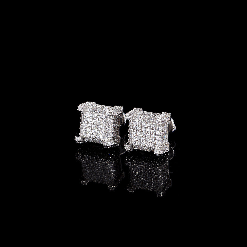 European Hip Hop Micro Inlaid Zircon Square Ear Studs