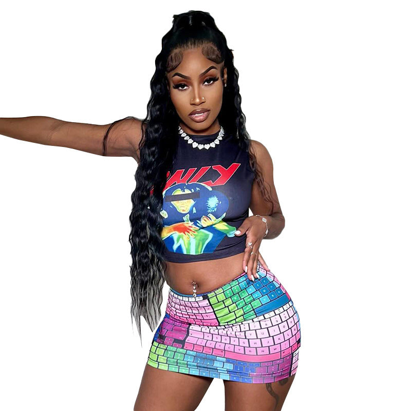 Street Keyboard 3D Printing Slim-fit Hip-wrapped Short Dress