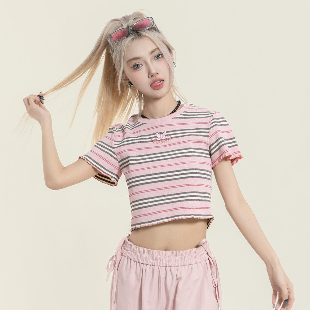 Contrast Color Striped Butterfly Embroidered Short Sleeve