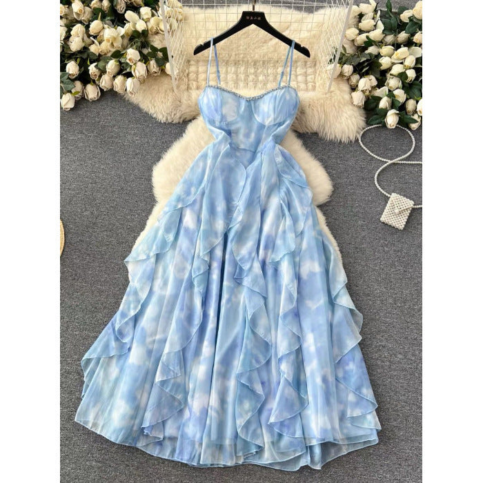 French Blue Strapless Sling Dress Seaside Vacation Draping Effect
