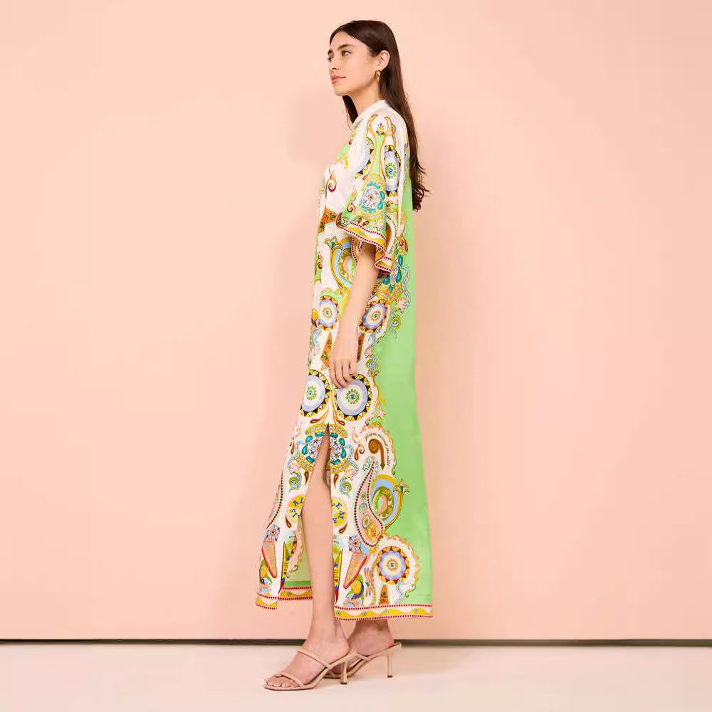 Women's Summer Printing Positioning Satin Split Maxi Dress