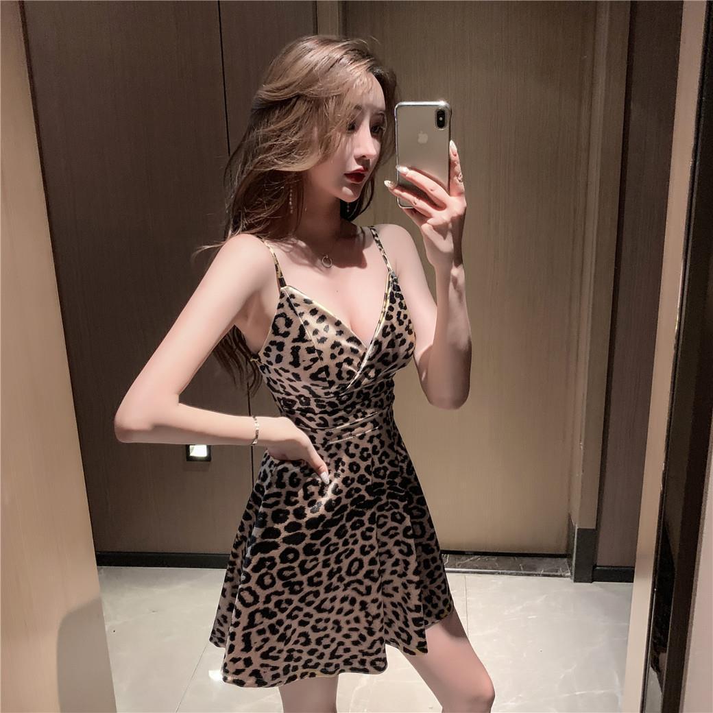 Women's Low-cut Deep V Strap Leopard Print Dress