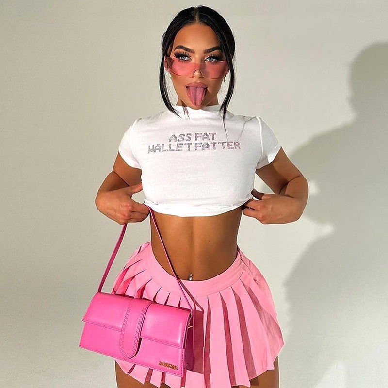 Round Neck Midriff-baring Short Sleeve Letter Midriff-baring Top