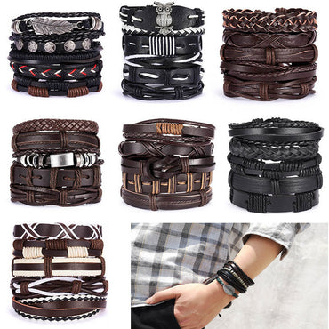 New Men's Leather Suit Creative Leaves Wooden Bead Woven Adjustable Suit Bracelet - Chic Angle