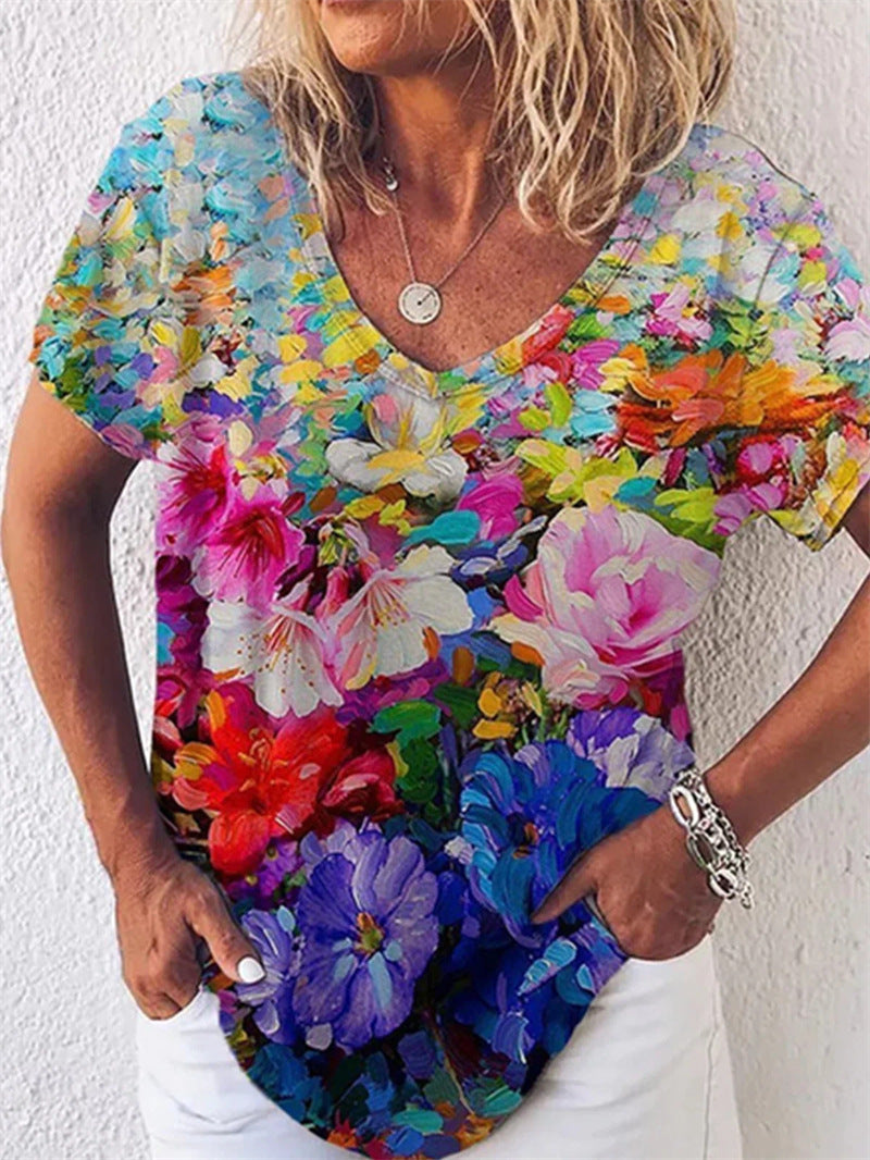 Summer Popular Floral Print Short-sleeved V-neck T-shirt For Women