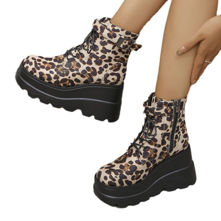 Plus Size Leopard Print Thick Bottom Height-increasing Martain Boots