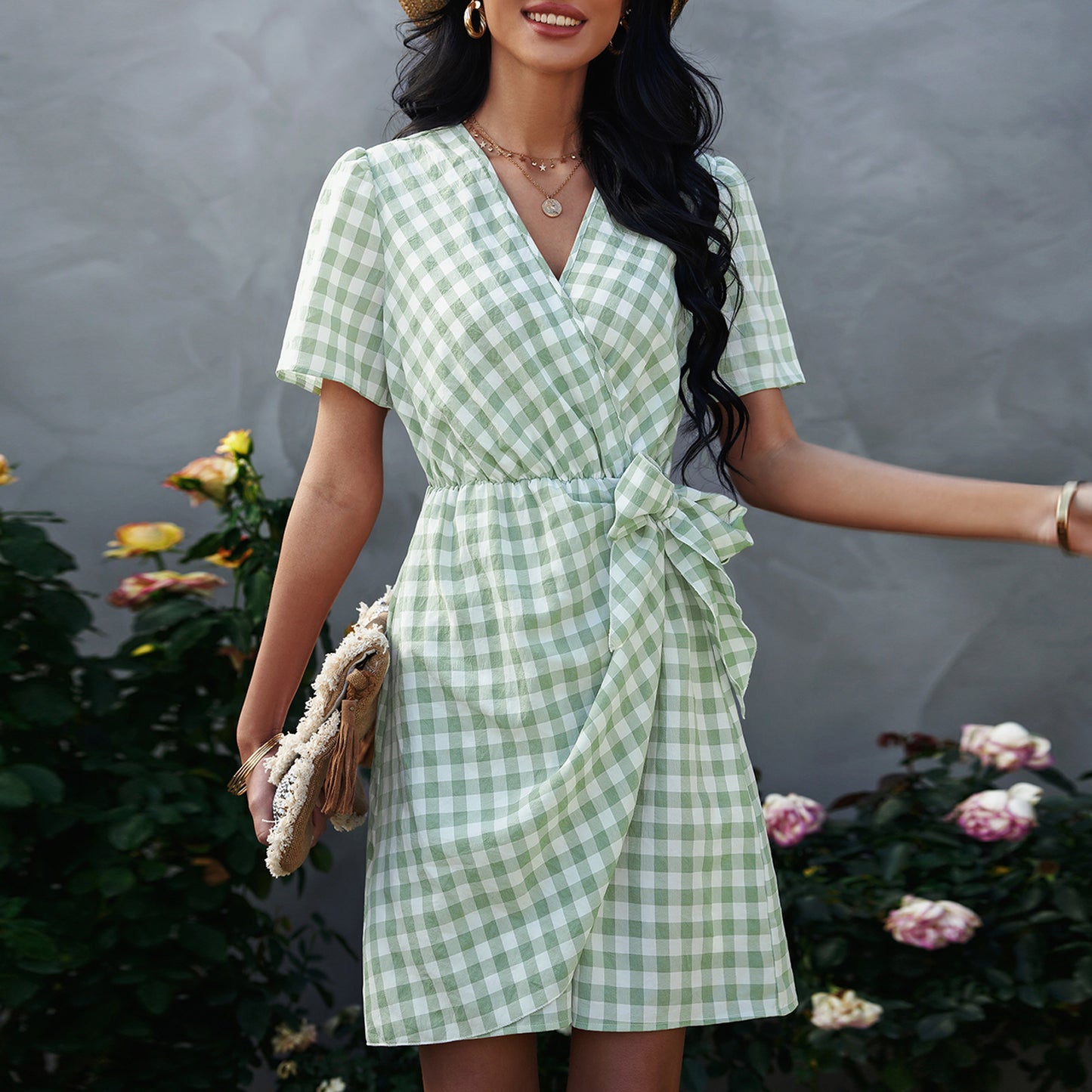 New Plaid Women's Fashion Bow V-neck Dress